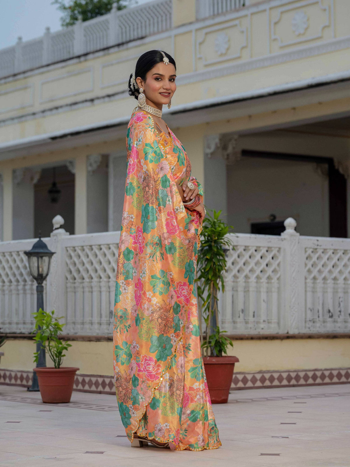 Jyoti Fashion Women's Multicolor Chinon Digital Print with Mirror Saree with Blouse | Grocsy