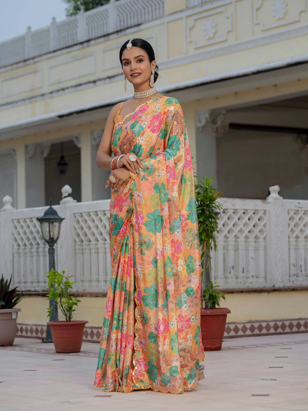 Jyoti Fashion Women's Multicolor Chinon Digital Print with Mirror Saree with Blouse | Grocsy