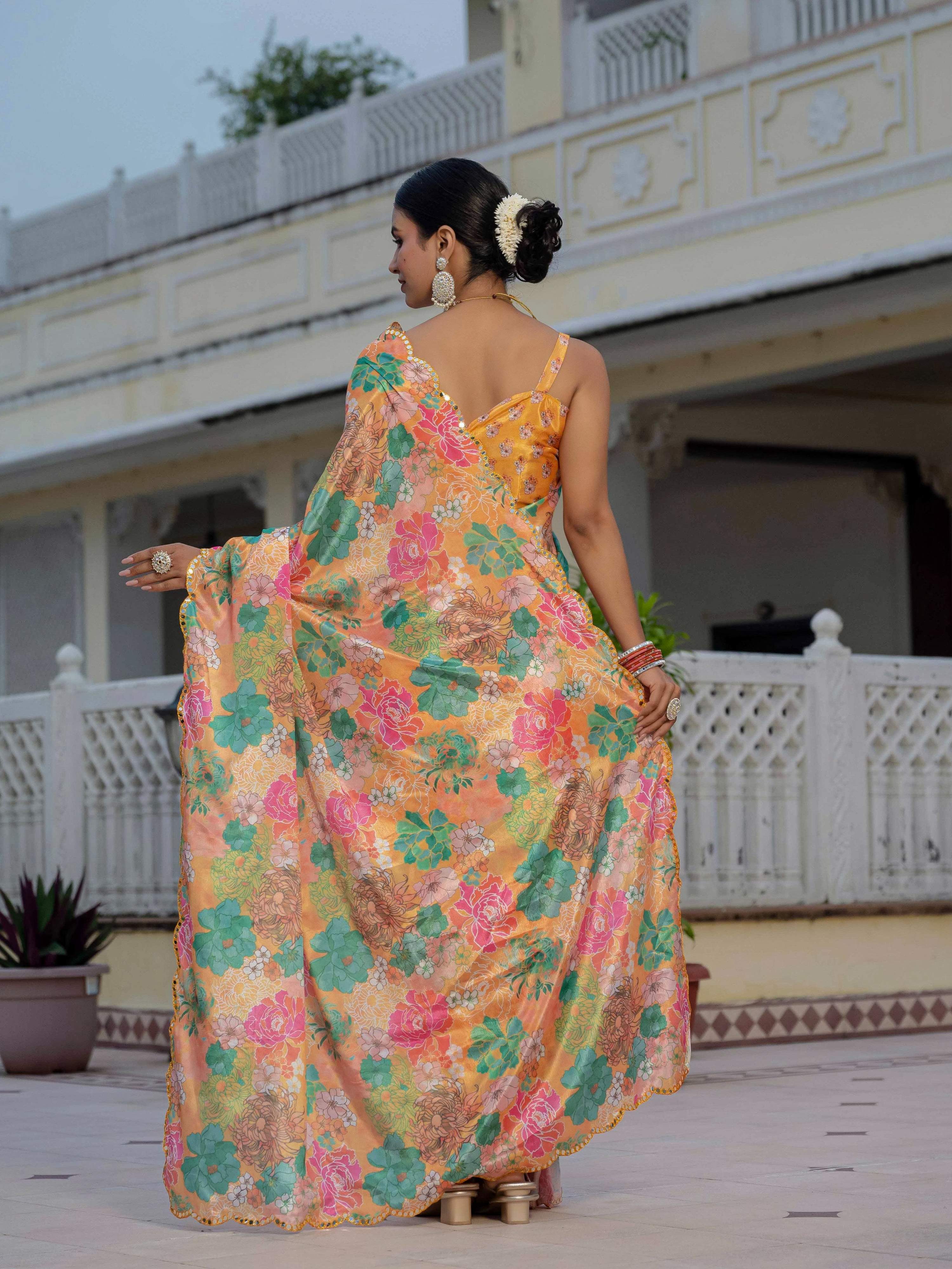 Jyoti Fashion Women's Multicolor Chinon Digital Print with Mirror Saree with Blouse | Grocsy