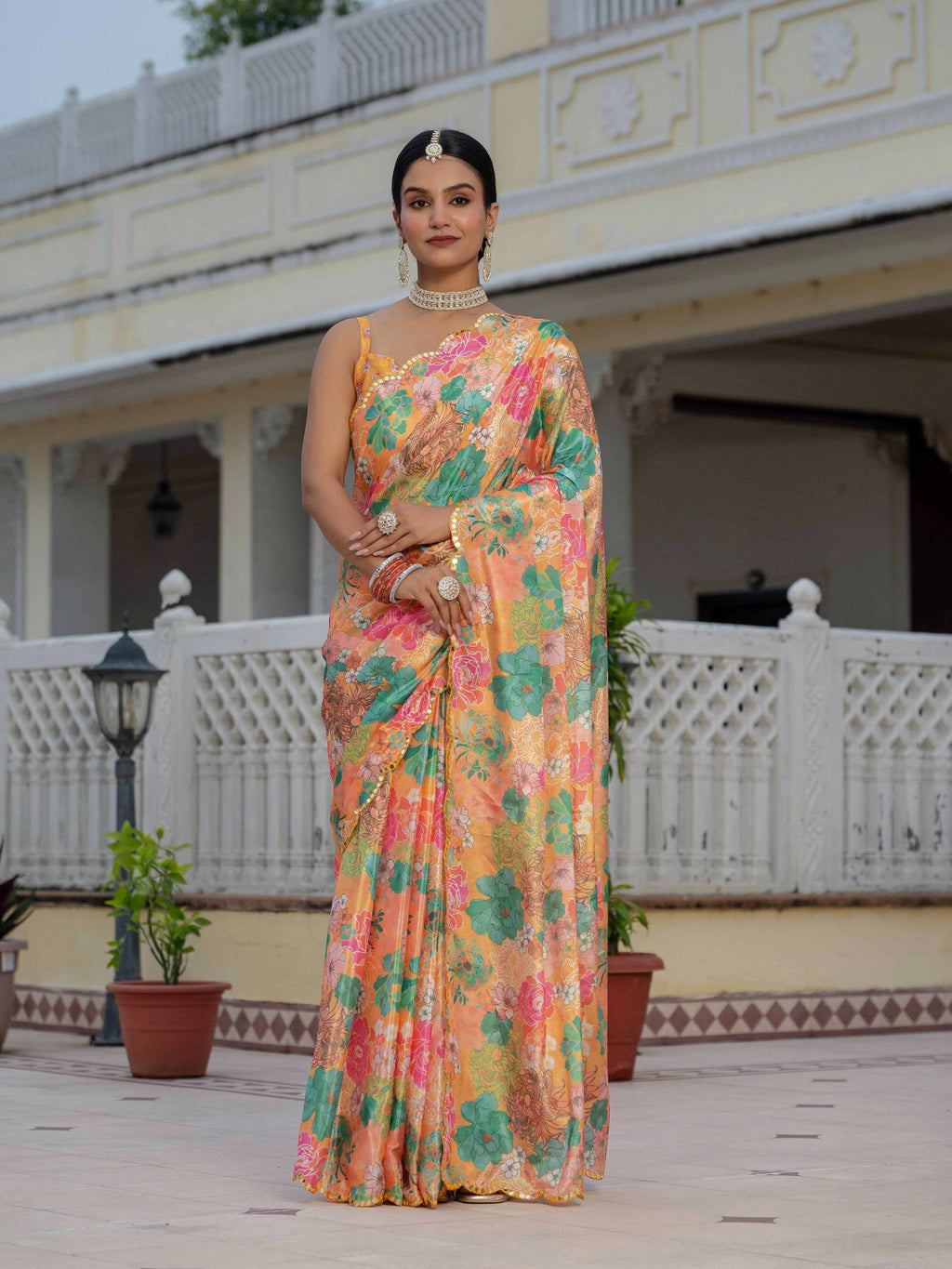 Jyoti Fashion Women's Multicolor Chinon Digital Print with Mirror Saree with Blouse | Grocsy