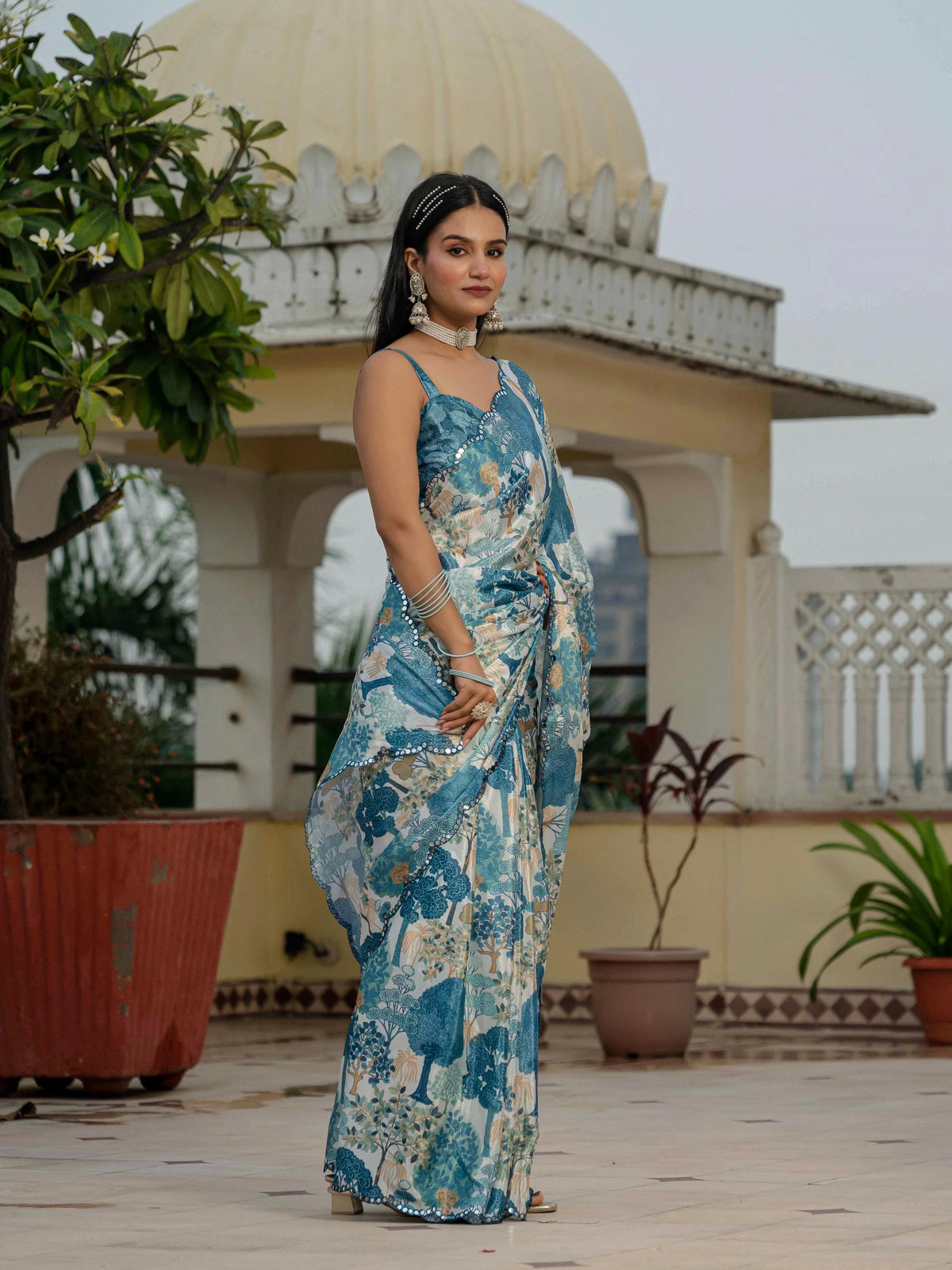Jyoti Fashion Morpich Chinon Digital Print with Mirror Saree with Blouse | Grocsy