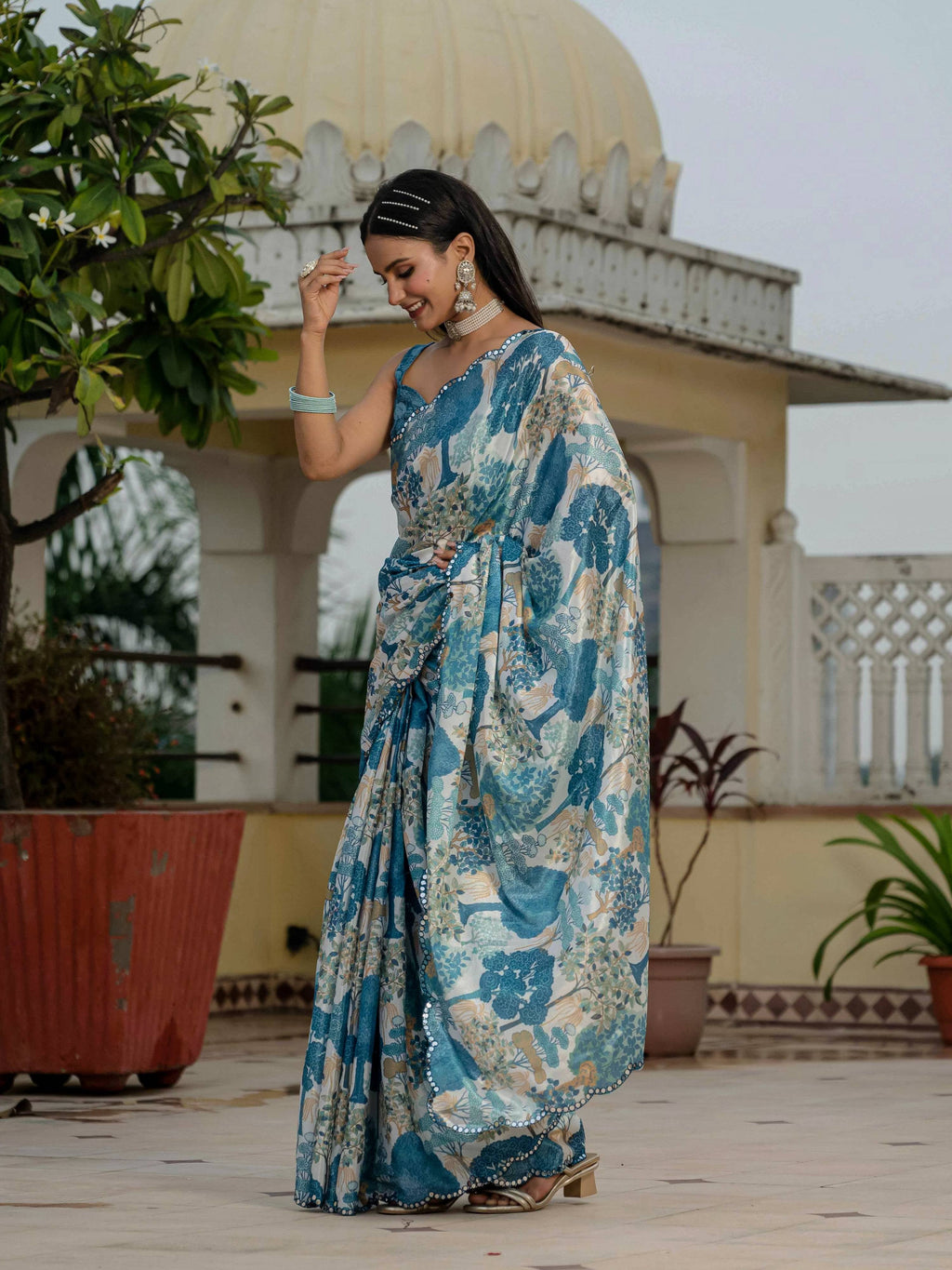 Jyoti Fashion Morpich Chinon Digital Print with Mirror Saree with Blouse | Grocsy