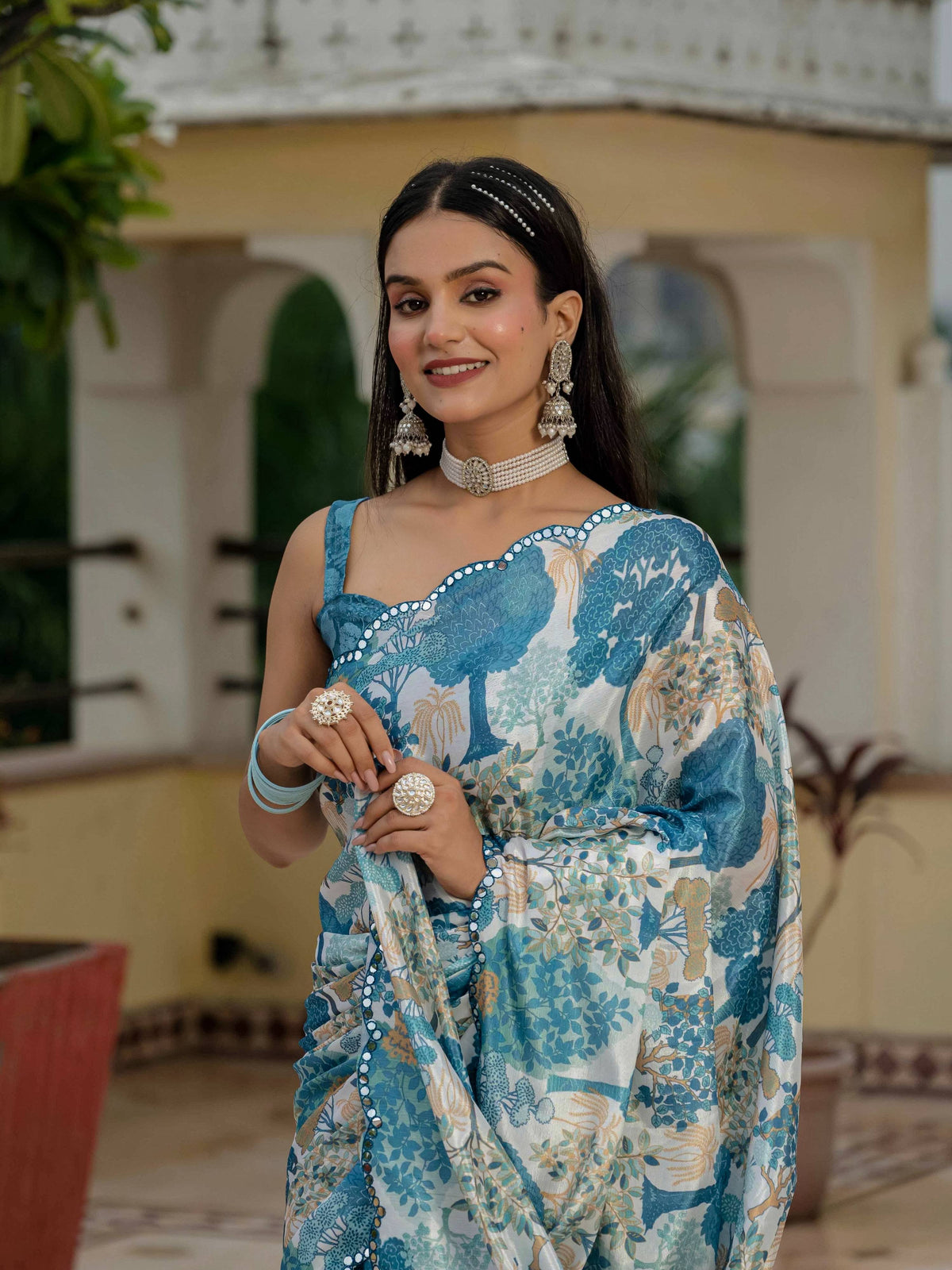Jyoti Fashion Morpich Chinon Digital Print with Mirror Saree with Blouse | Grocsy