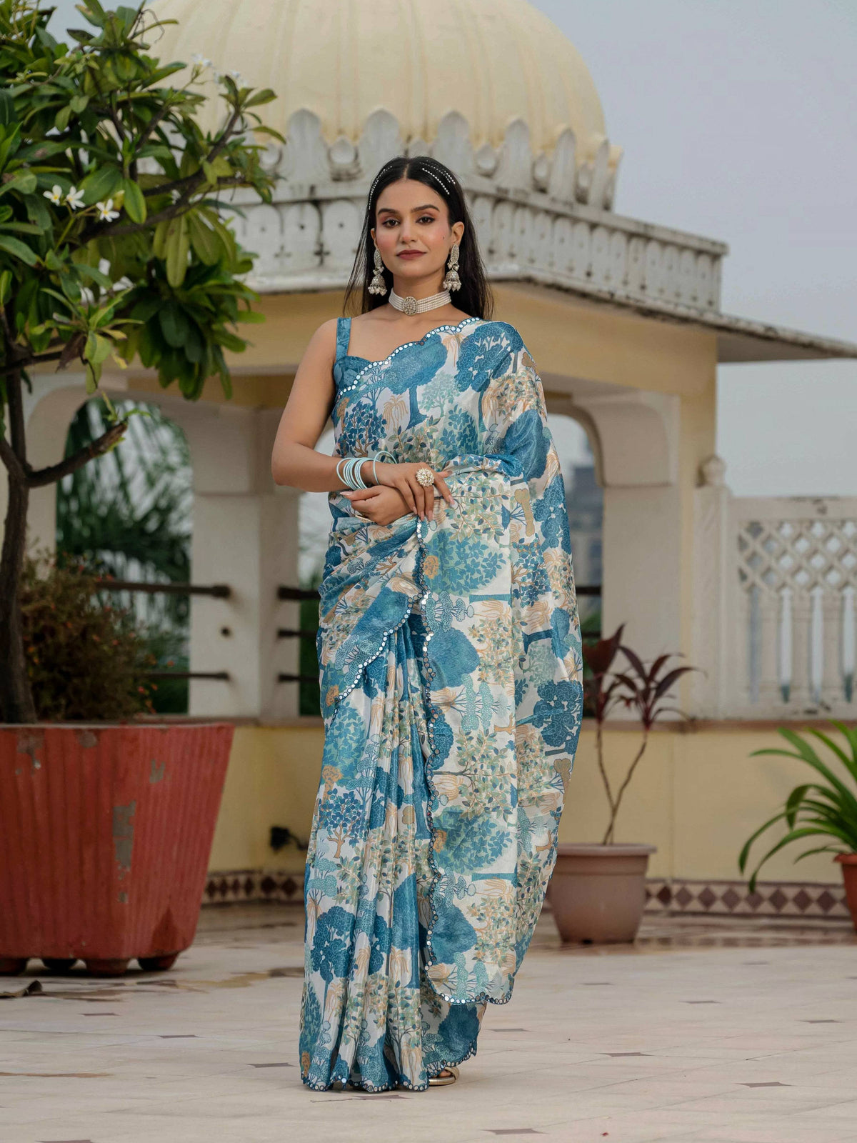 Jyoti Fashion Morpich Chinon Digital Print with Mirror Saree with Blouse | Grocsy