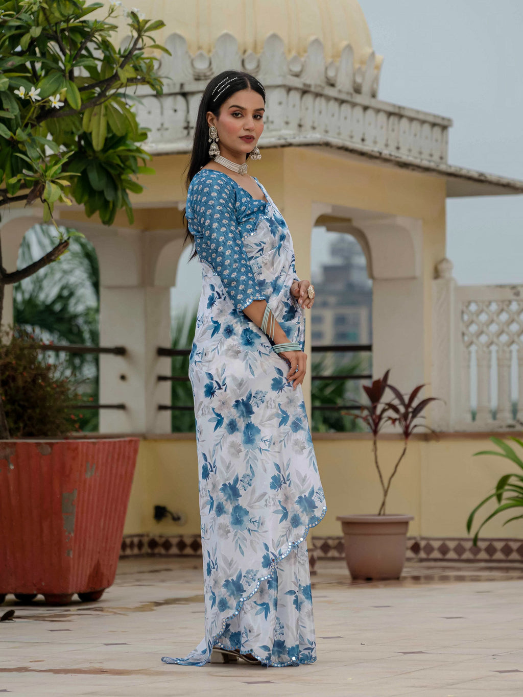 Jyoti Fashion Women's Blue Chinon Digital Print with Mirror Saree with Blouse | Grocsy