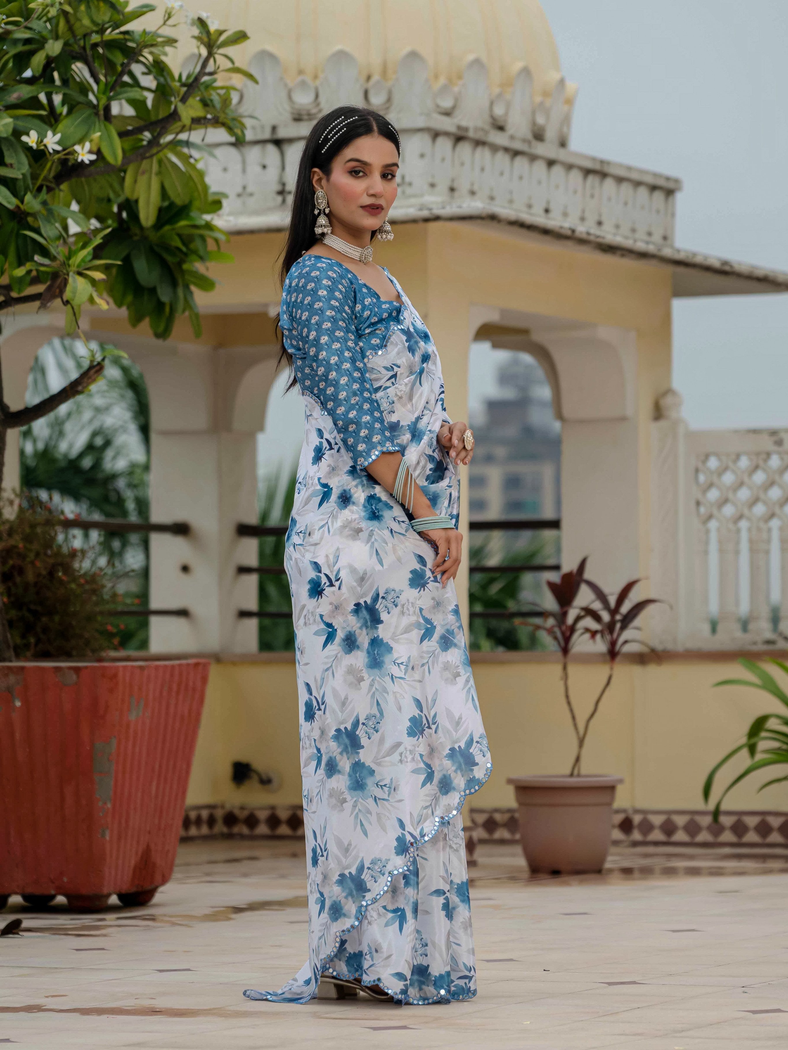 Jyoti Fashion Women's Blue Chinon Digital Print with Mirror Saree with Blouse | Grocsy