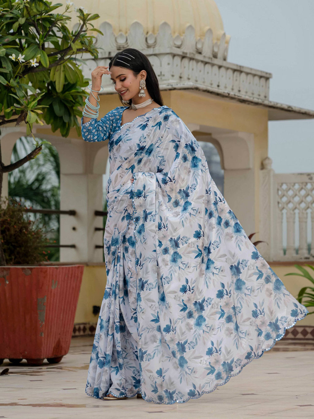 Jyoti Fashion Women's Blue Chinon Digital Print with Mirror Saree with Blouse | Grocsy