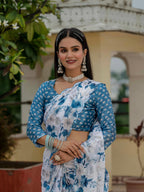 Jyoti Fashion Women's Blue Chinon Digital Print with Mirror Saree with Blouse | Grocsy