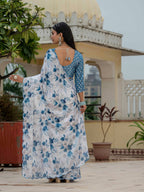 Jyoti Fashion Women's Blue Chinon Digital Print with Mirror Saree with Blouse | Grocsy