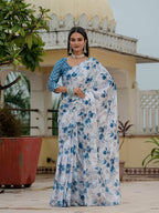 Jyoti Fashion Women's Blue Chinon Digital Print with Mirror Saree with Blouse | Grocsy