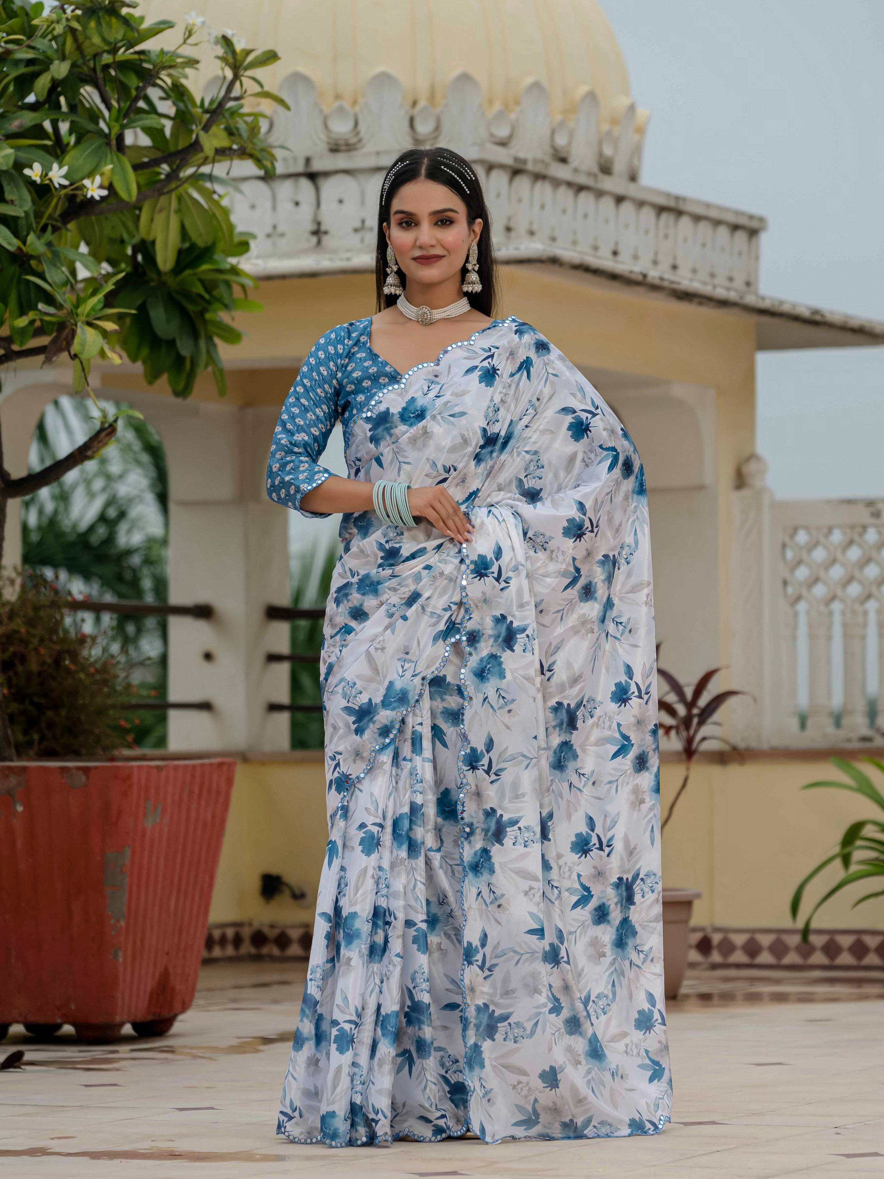 Jyoti Fashion Women's Blue Chinon Digital Print with Mirror Saree with Blouse | Grocsy