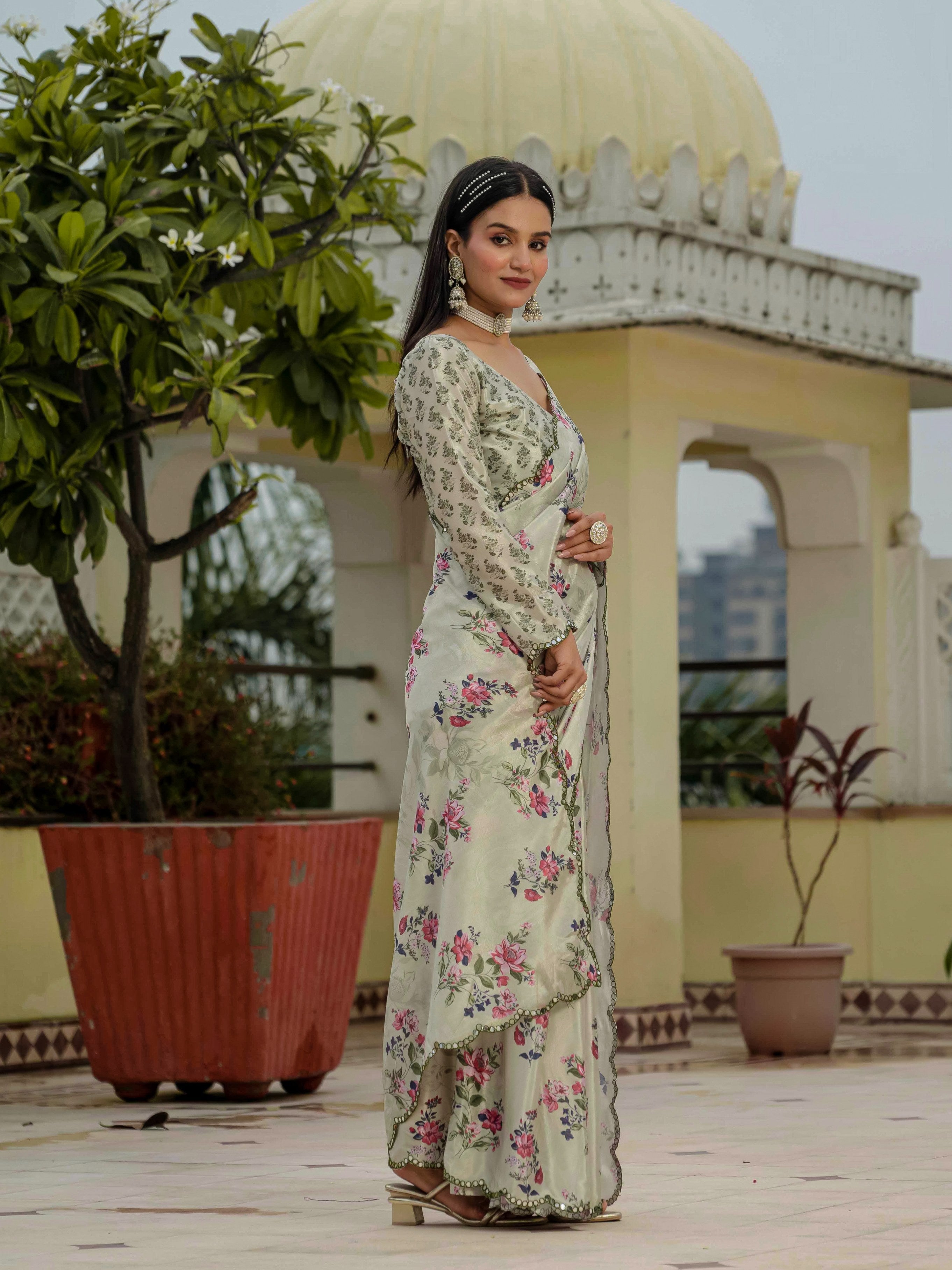 Jyoti Fashion Women's Pista Green Chinon Digital Print with Mirror Saree with Blouse | Grocsy
