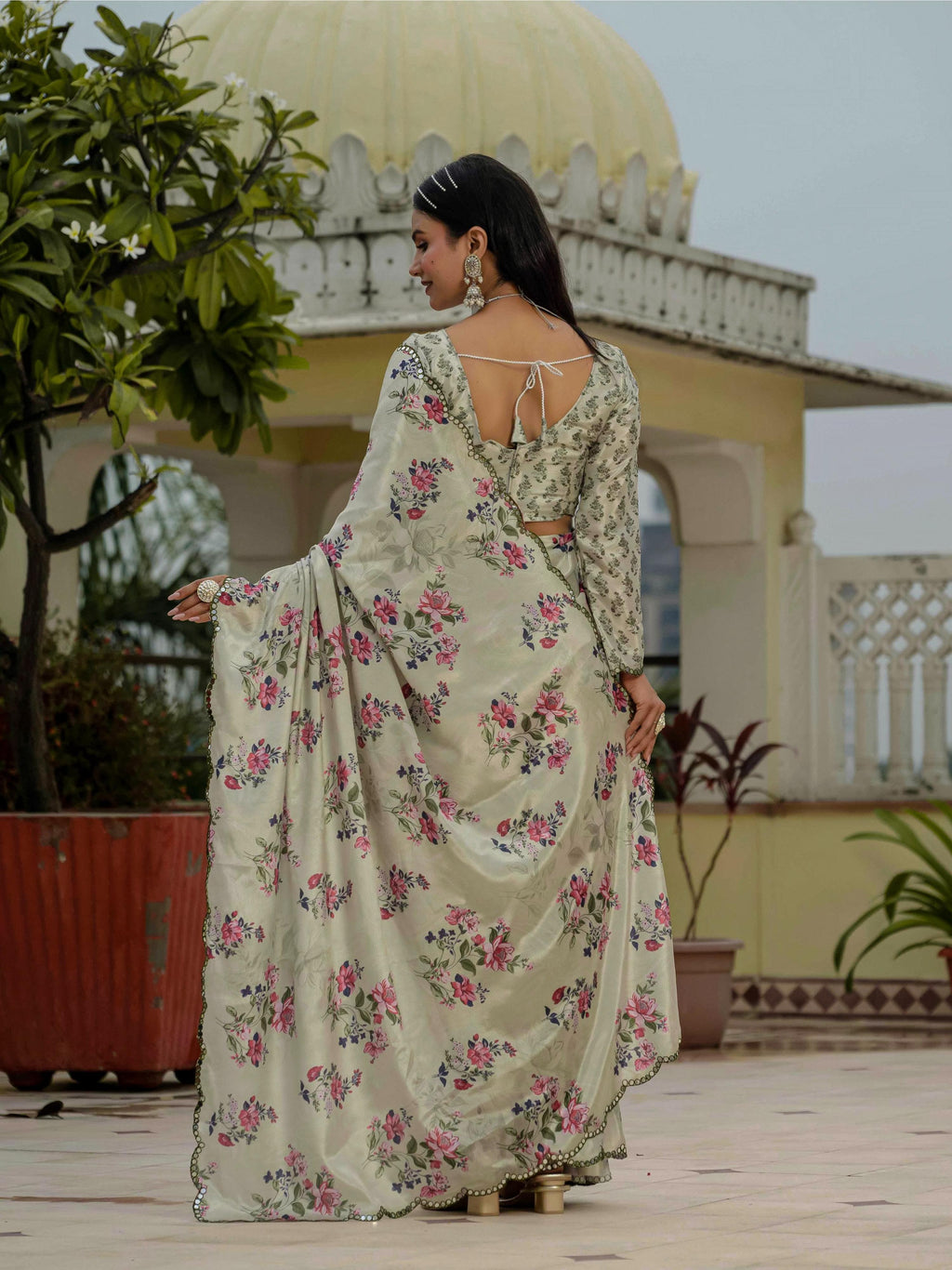 Jyoti Fashion Women's Pista Green Chinon Digital Print with Mirror Saree with Blouse | Grocsy