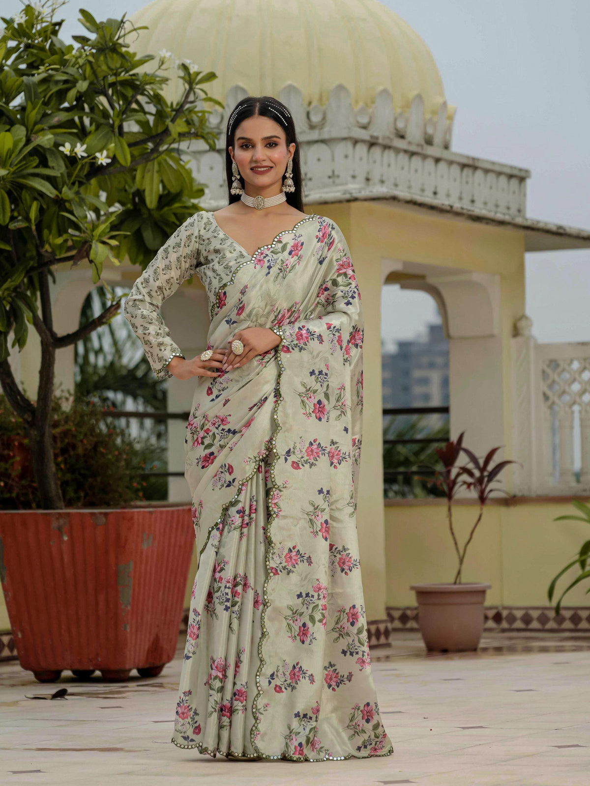 Jyoti Fashion Women's Pista Green Chinon Digital Print with Mirror Saree with Blouse | Grocsy