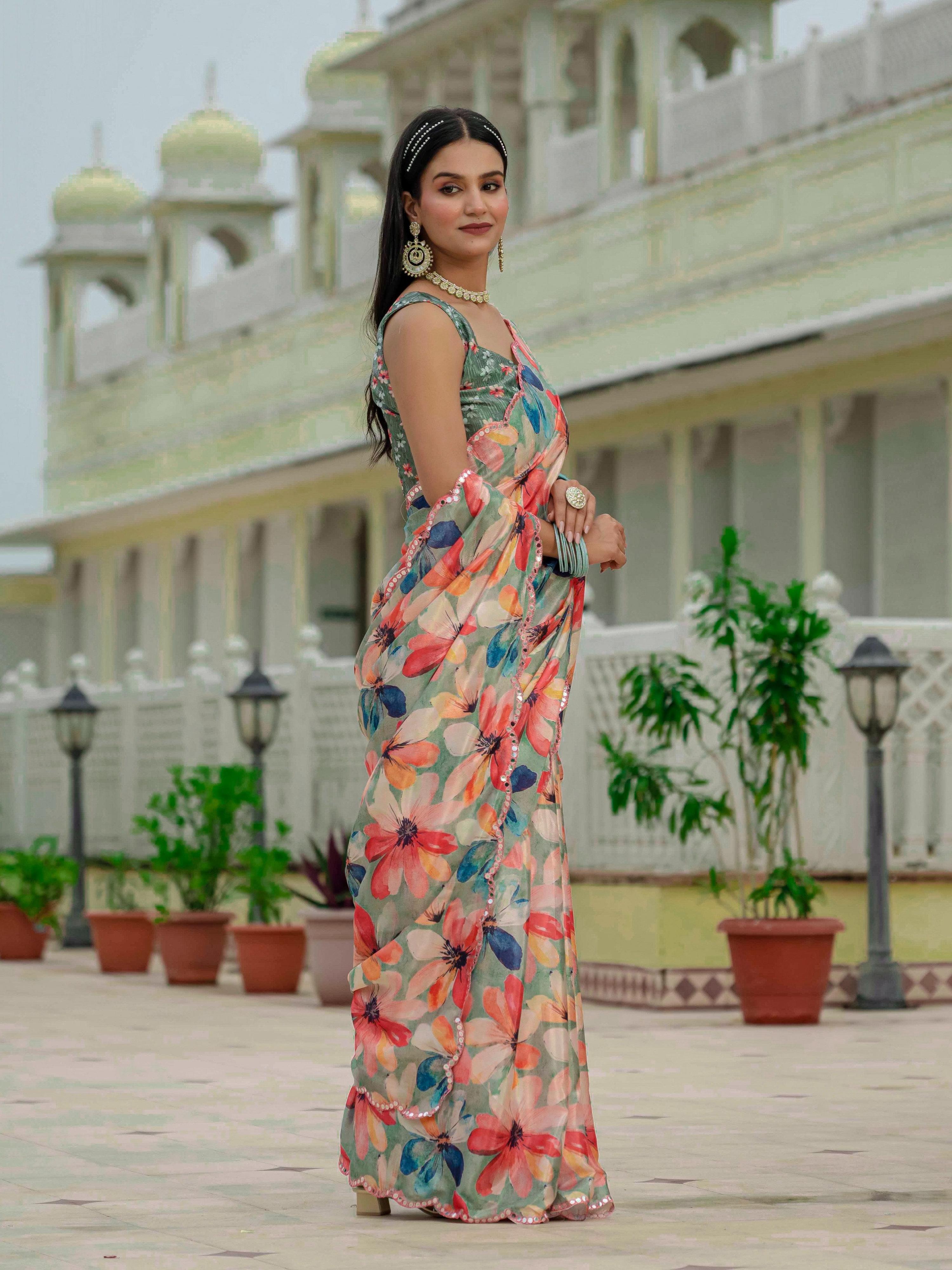 Jyoti Fashion Women's Multicolor Chinon Digital Print with Mirror Saree with Blouse | Grocsy