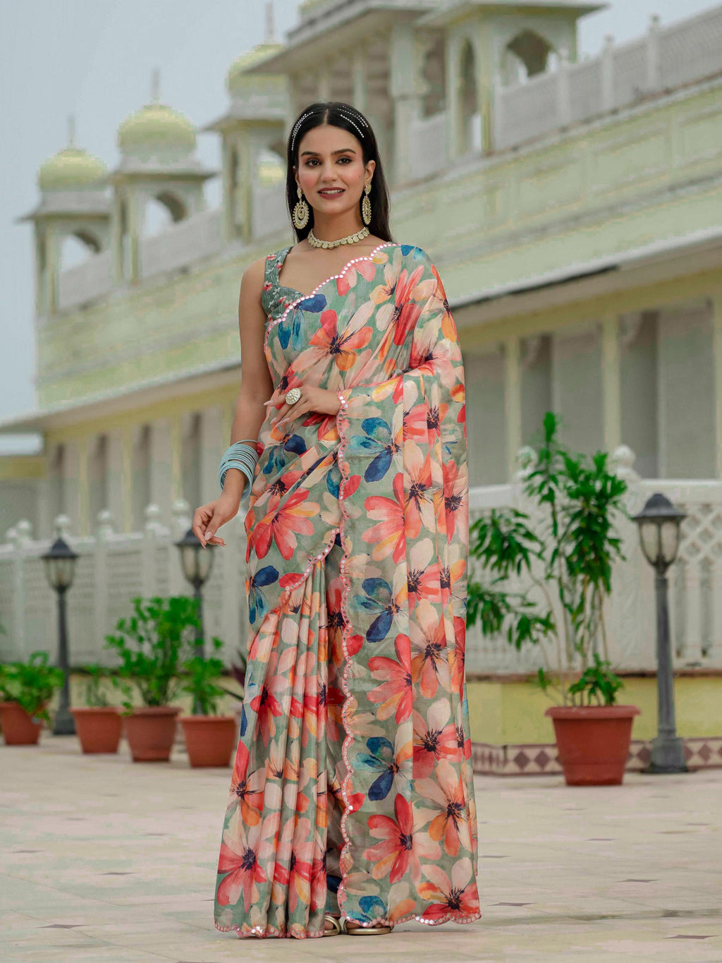 Jyoti Fashion Women's Multicolor Chinon Digital Print with Mirror Saree with Blouse | Grocsy