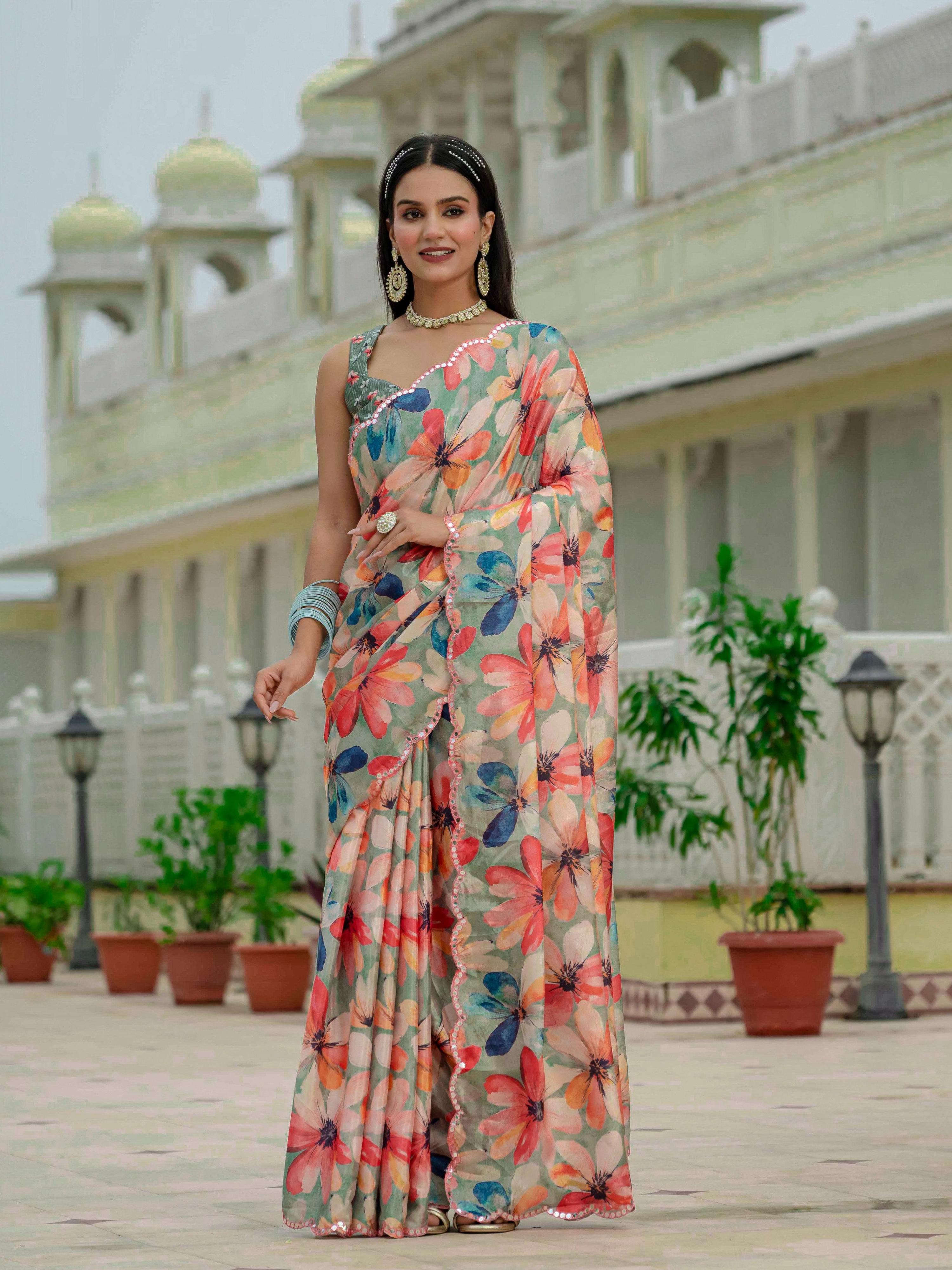 Jyoti Fashion Women's Multicolor Chinon Digital Print with Mirror Saree with Blouse | Grocsy
