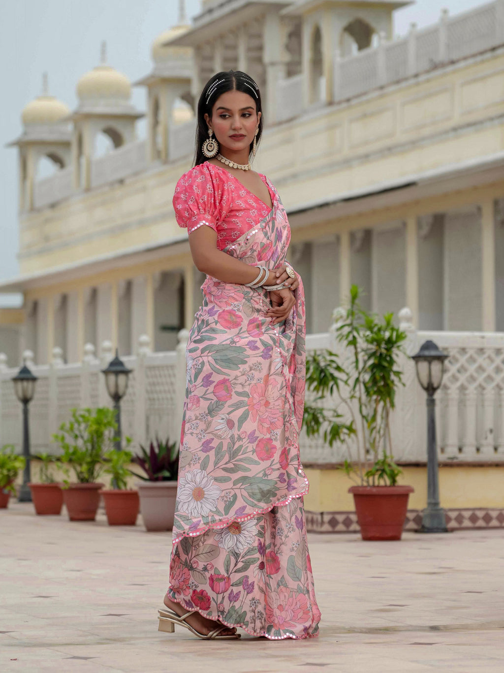 Jyoti Fashion Women's Multicolor Chinon Digital Print with Mirror Saree with Blouse | Grocsy