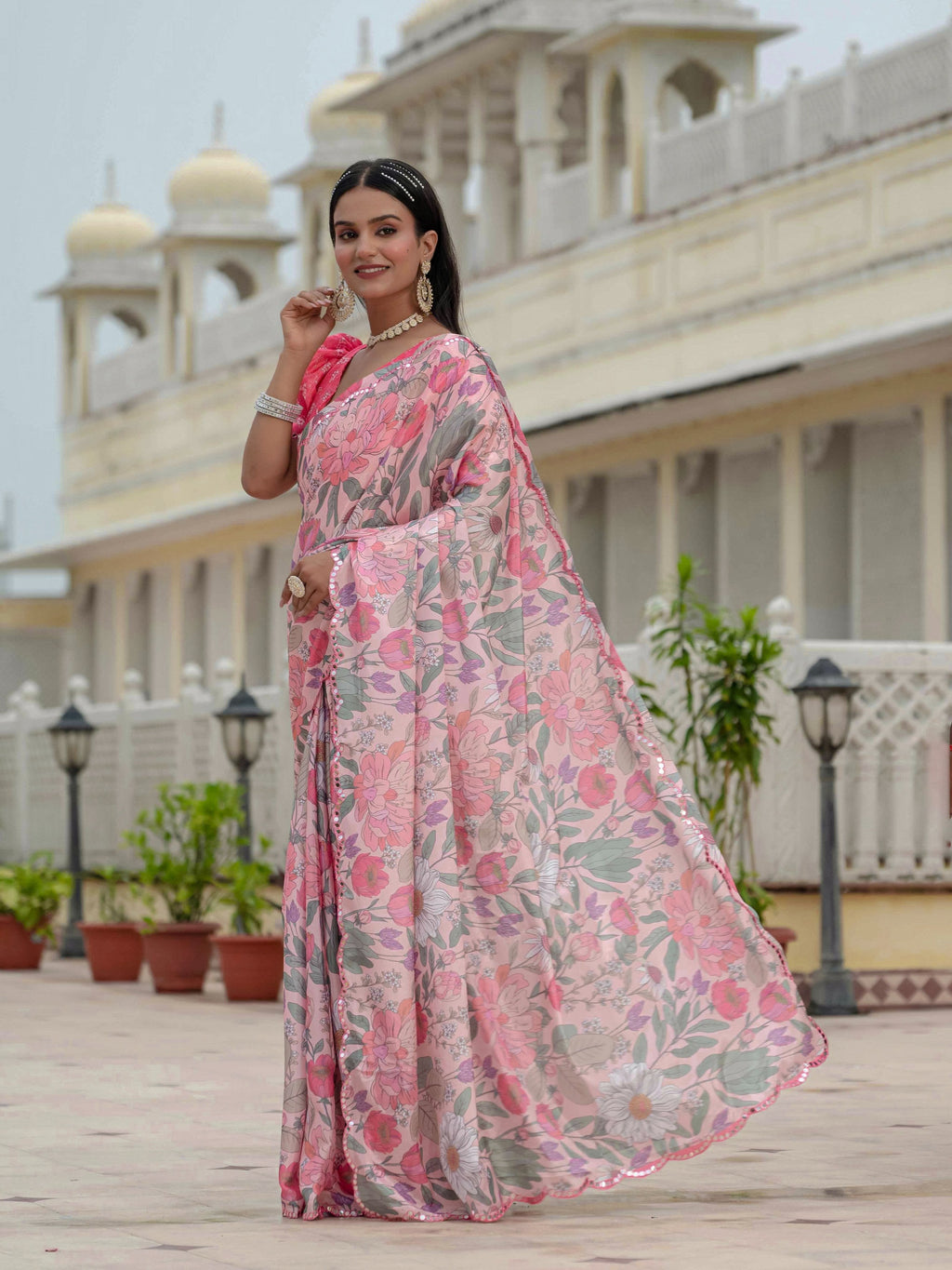 Jyoti Fashion Women's Multicolor Chinon Digital Print with Mirror Saree with Blouse | Grocsy