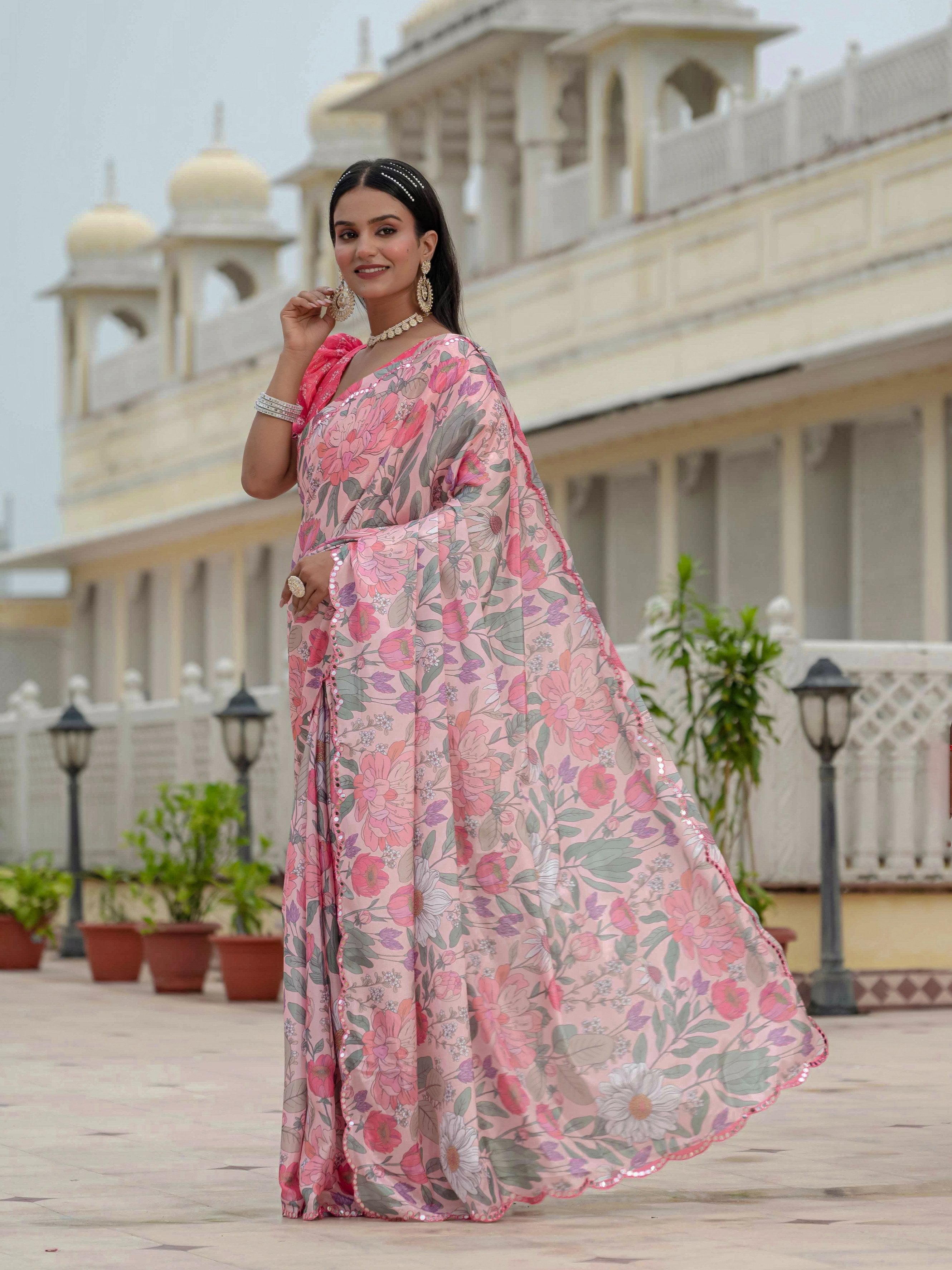 Jyoti Fashion Women's Multicolor Chinon Digital Print with Mirror Saree with Blouse | Grocsy