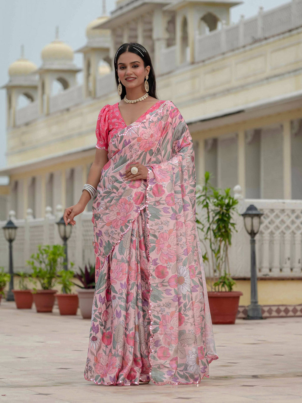 Jyoti Fashion Women's Multicolor Chinon Digital Print with Mirror Saree with Blouse | Grocsy