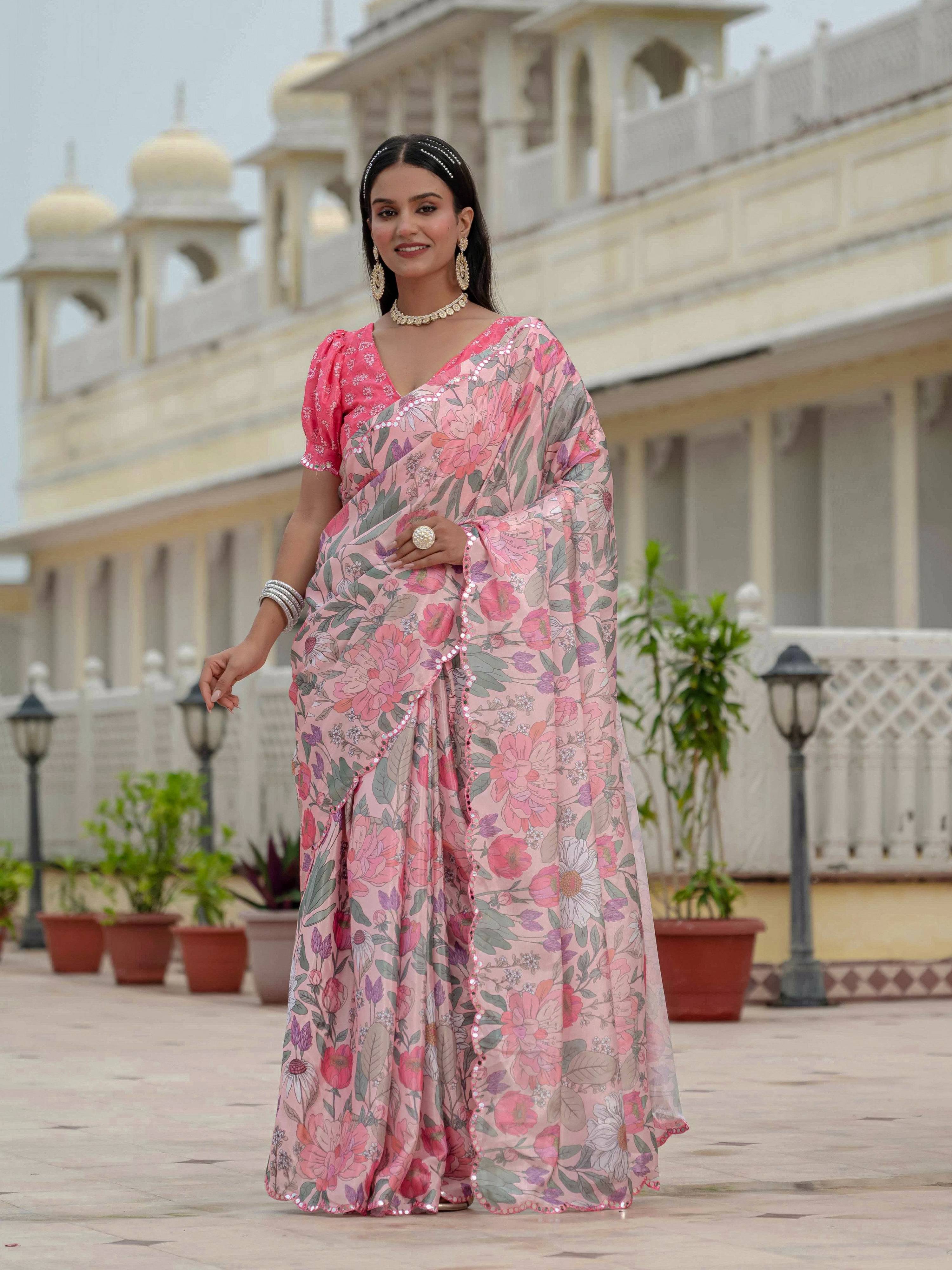 Jyoti Fashion Women's Multicolor Chinon Digital Print with Mirror Saree with Blouse | Grocsy