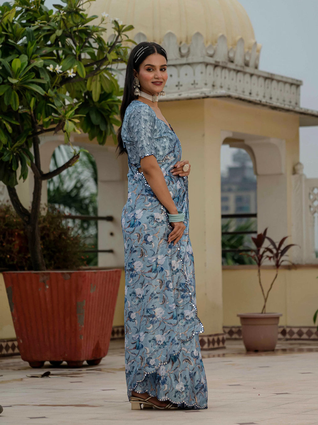 Jyoti Fashion Women's Sky Blue Chinon Digital Print with Mirror Saree with Blouse | Grocsy