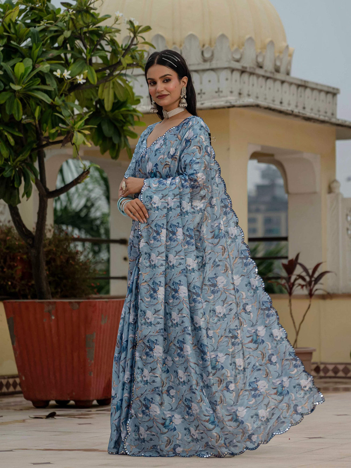 Jyoti Fashion Women's Sky Blue Chinon Digital Print with Mirror Saree with Blouse | Grocsy