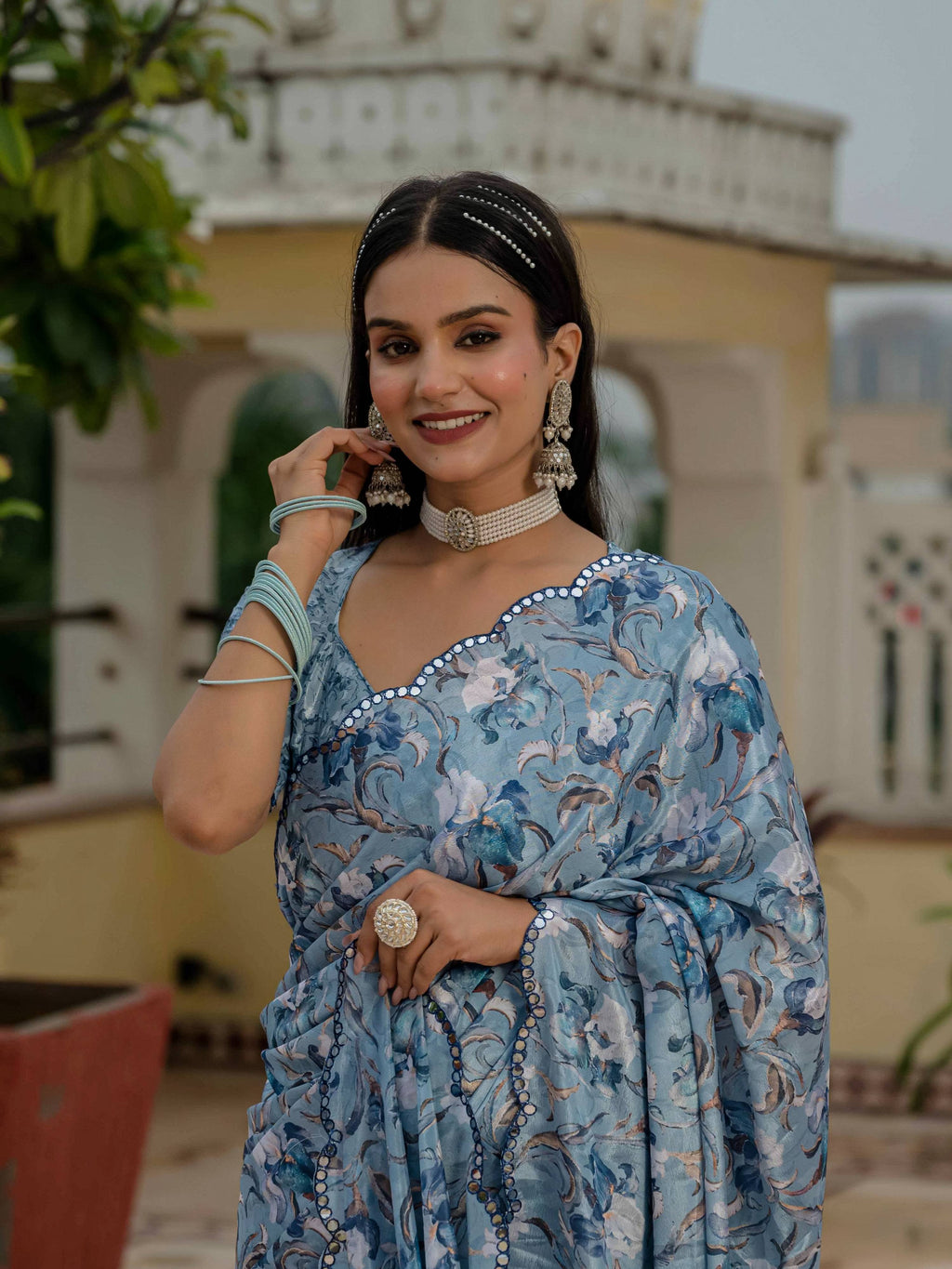 Jyoti Fashion Women's Sky Blue Chinon Digital Print with Mirror Saree with Blouse | Grocsy