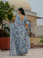 Jyoti Fashion Women's Sky Blue Chinon Digital Print with Mirror Saree with Blouse | Grocsy