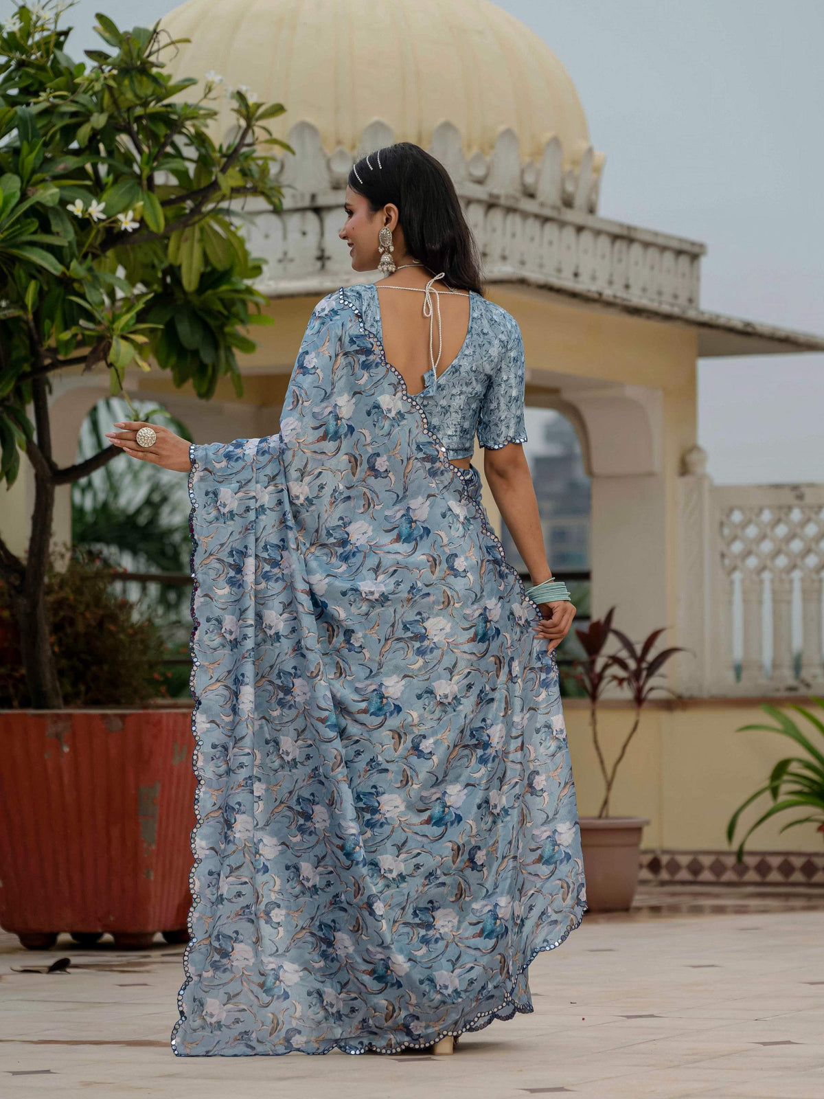 Jyoti Fashion Women's Sky Blue Chinon Digital Print with Mirror Saree with Blouse | Grocsy