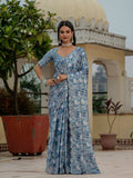 Jyoti Fashion Women's Sky Blue Chinon Digital Print with Mirror Saree with Blouse | Grocsy