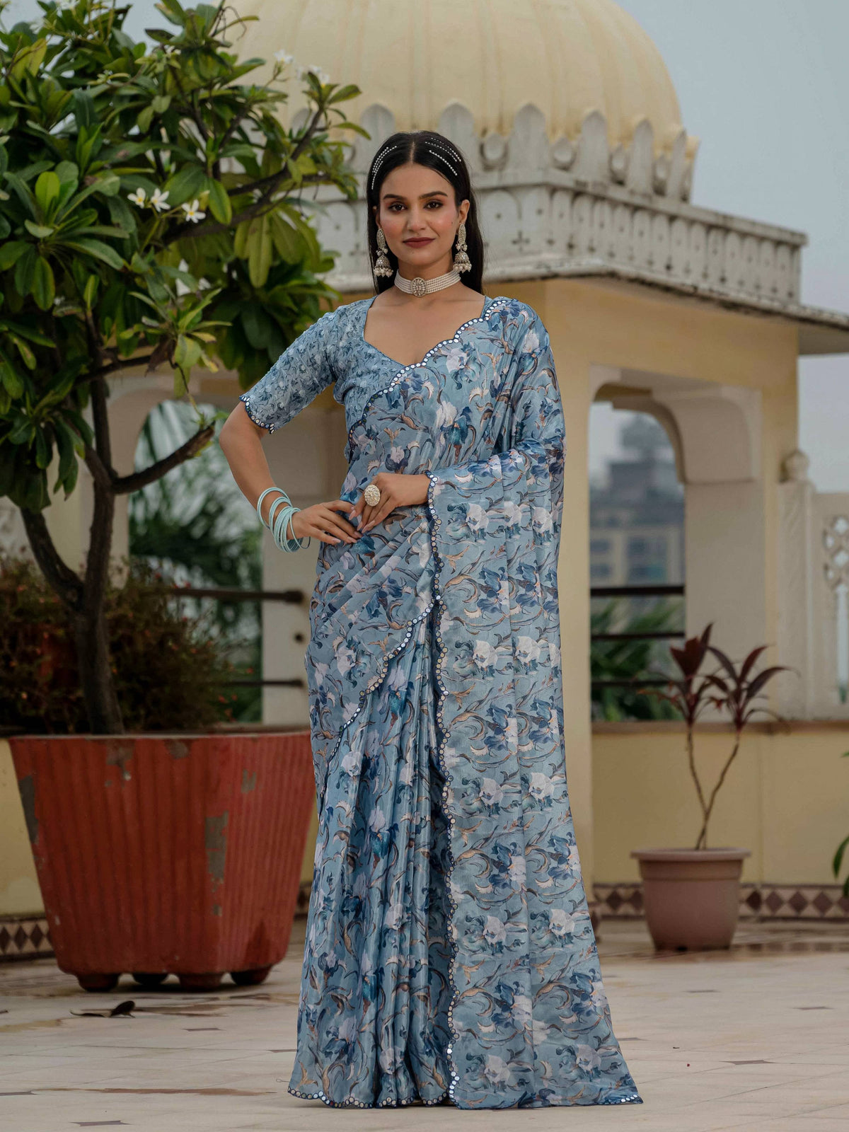 Jyoti Fashion Women's Sky Blue Chinon Digital Print with Mirror Saree with Blouse | Grocsy