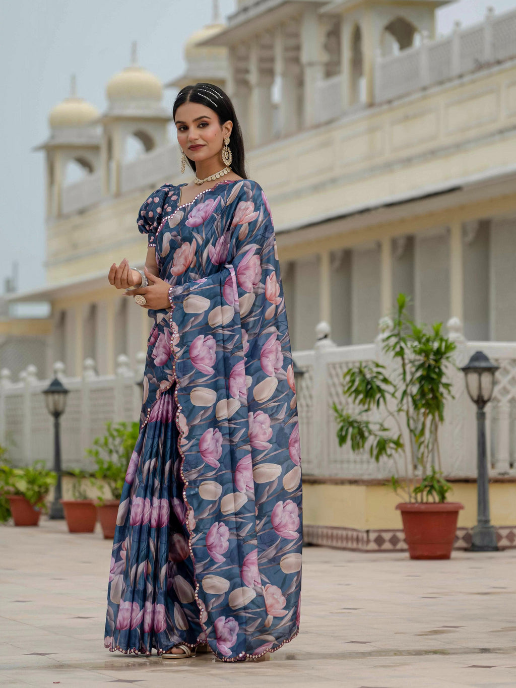Jyoti Fashion Women's Navy Blue Chinon Digital Print with Mirror Saree with Blouse | Grocsy