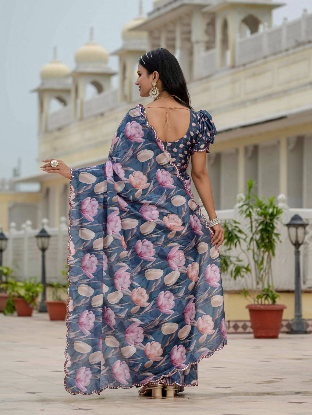Jyoti Fashion Women's Navy Blue Chinon Digital Print with Mirror Saree with Blouse | Grocsy