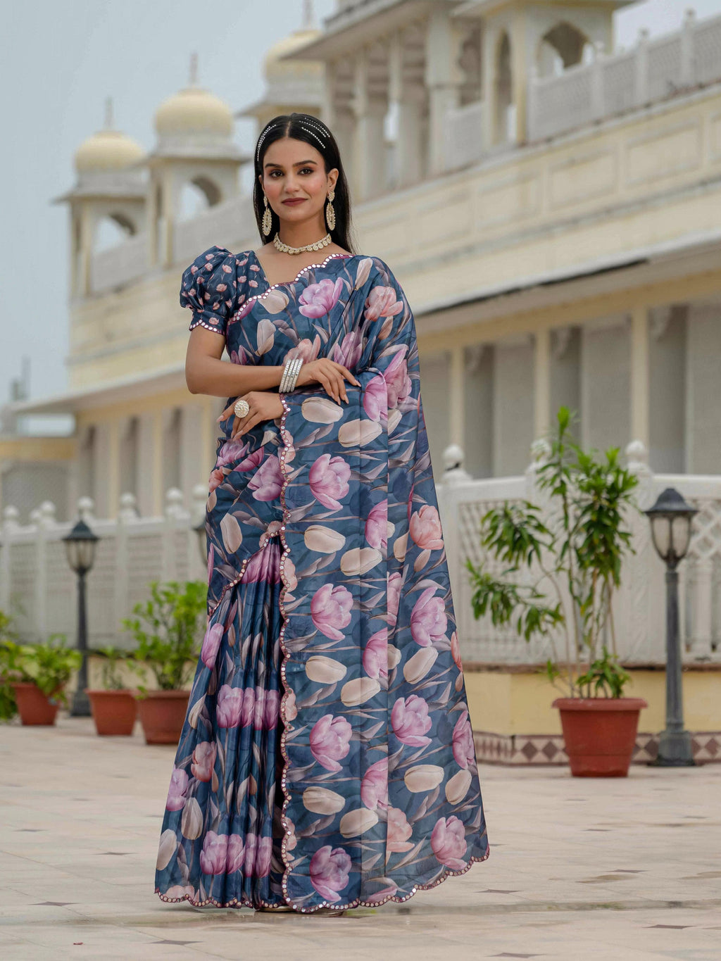 Jyoti Fashion Women's Navy Blue Chinon Digital Print with Mirror Saree with Blouse | Grocsy