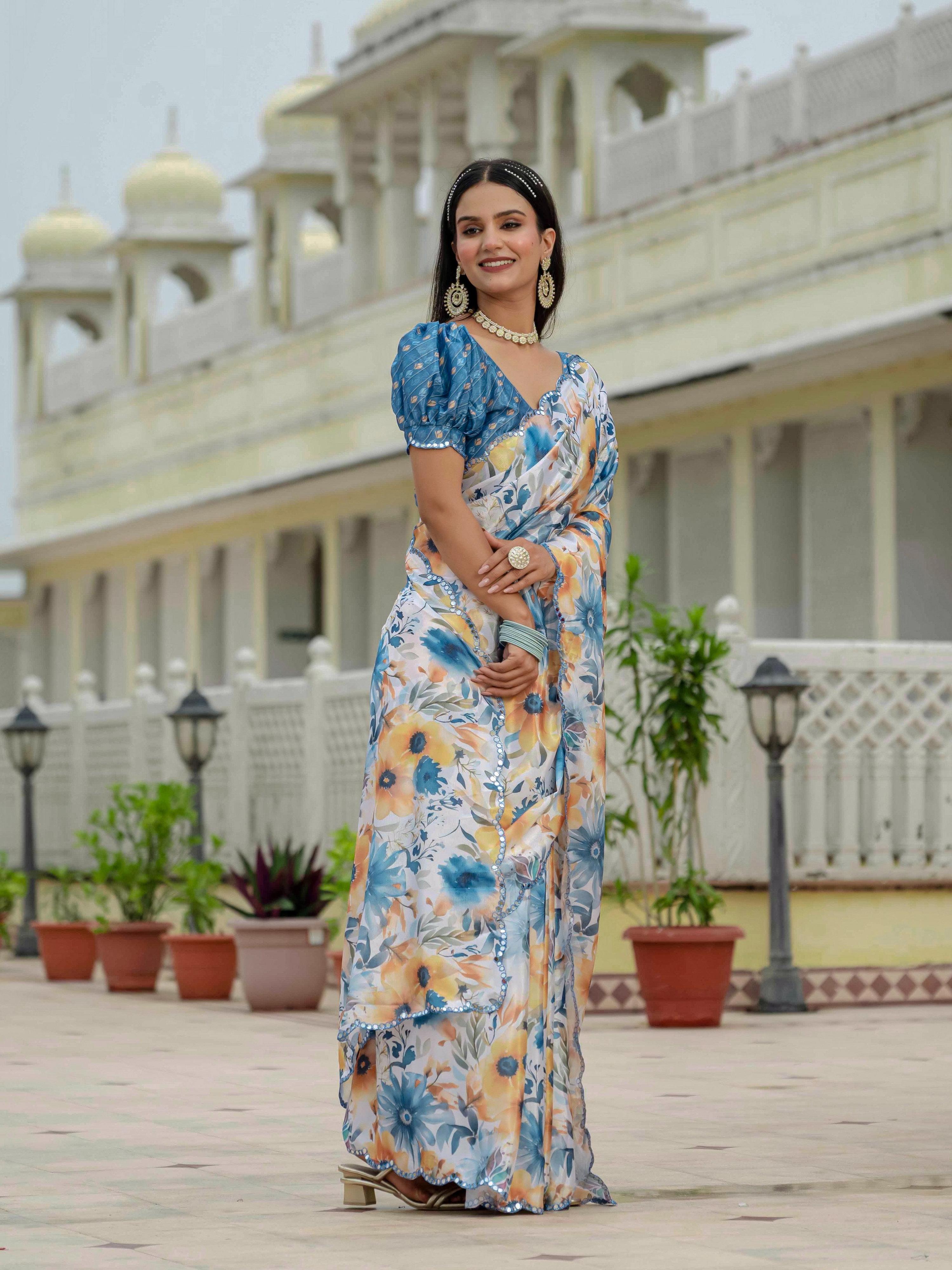 Jyoti Fashion Women's Multicolor Chinon Digital Print with Mirror Saree with Blouse | Grocsy
