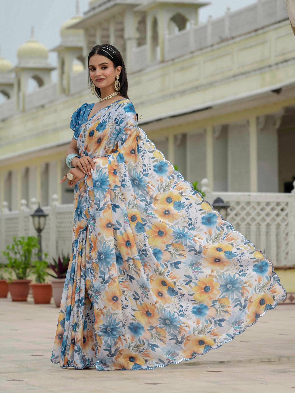 Jyoti Fashion Women's Multicolor Chinon Digital Print with Mirror Saree with Blouse | Grocsy