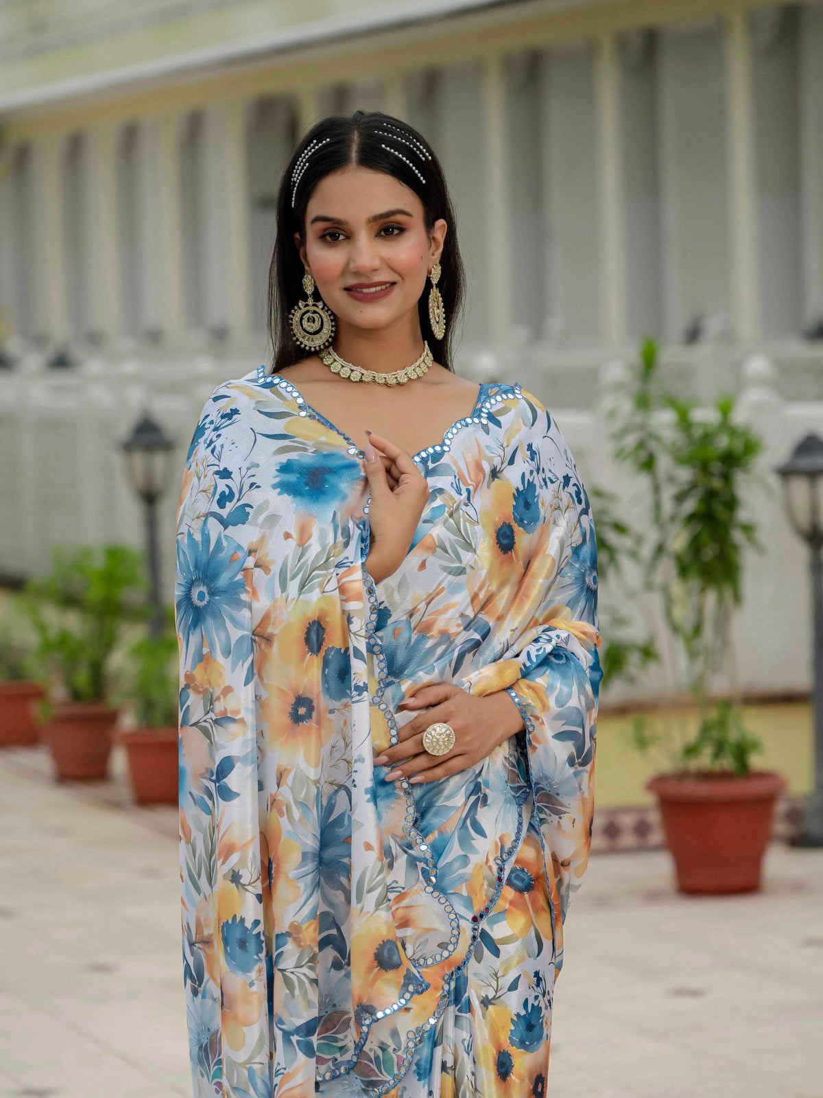 Jyoti Fashion Women's Multicolor Chinon Digital Print with Mirror Saree with Blouse | Grocsy