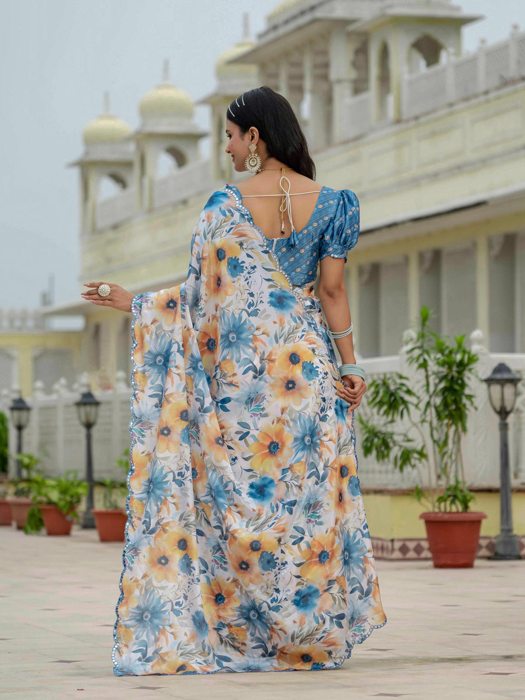 Jyoti Fashion Women's Multicolor Chinon Digital Print with Mirror Saree with Blouse | Grocsy