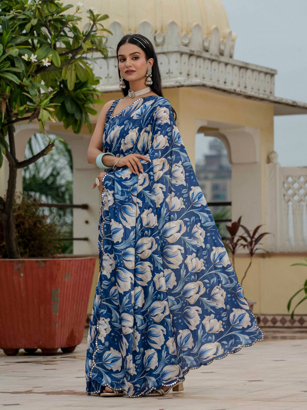 Jyoti Fashion Women's Royal Blue Chinon Digital Print with Mirror Saree with Blouse | Grocsy