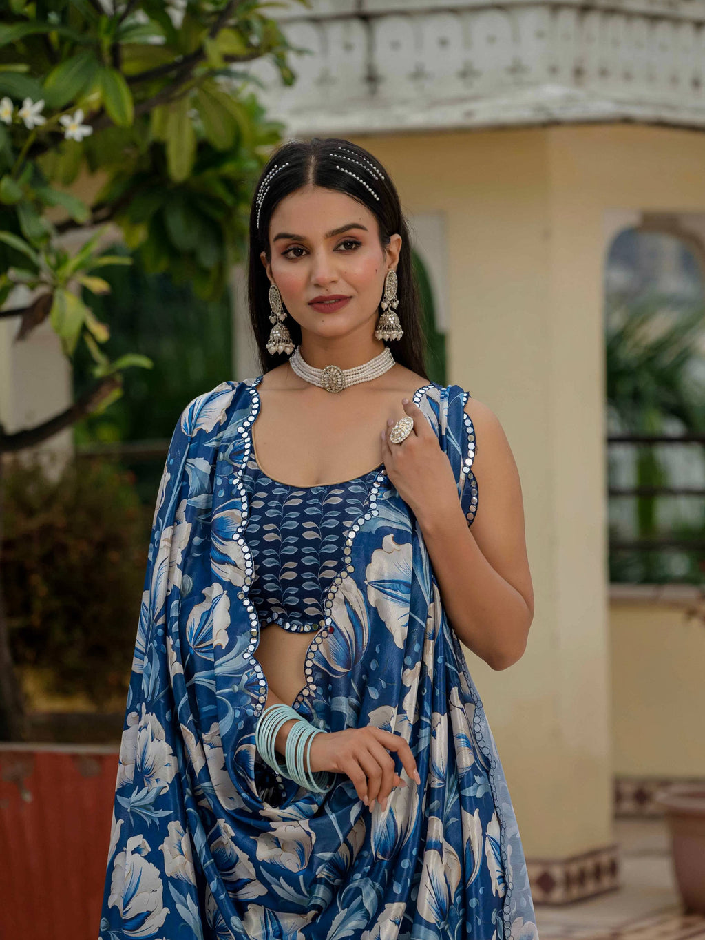 Jyoti Fashion Women's Royal Blue Chinon Digital Print with Mirror Saree with Blouse | Grocsy