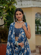 Jyoti Fashion Women's Royal Blue Chinon Digital Print with Mirror Saree with Blouse | Grocsy