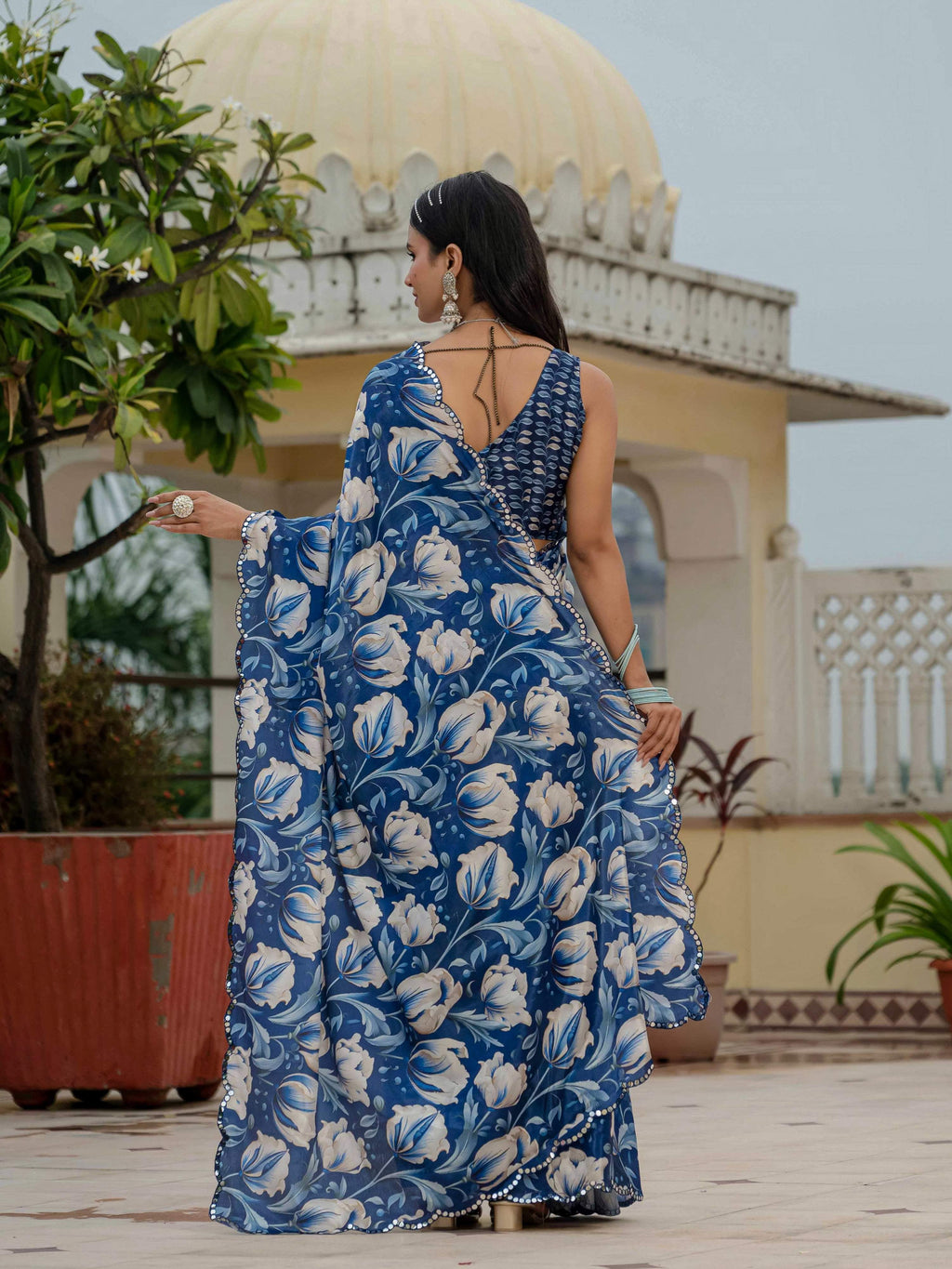 Jyoti Fashion Women's Royal Blue Chinon Digital Print with Mirror Saree with Blouse | Grocsy