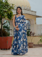 Jyoti Fashion Women's Royal Blue Chinon Digital Print with Mirror Saree with Blouse | Grocsy