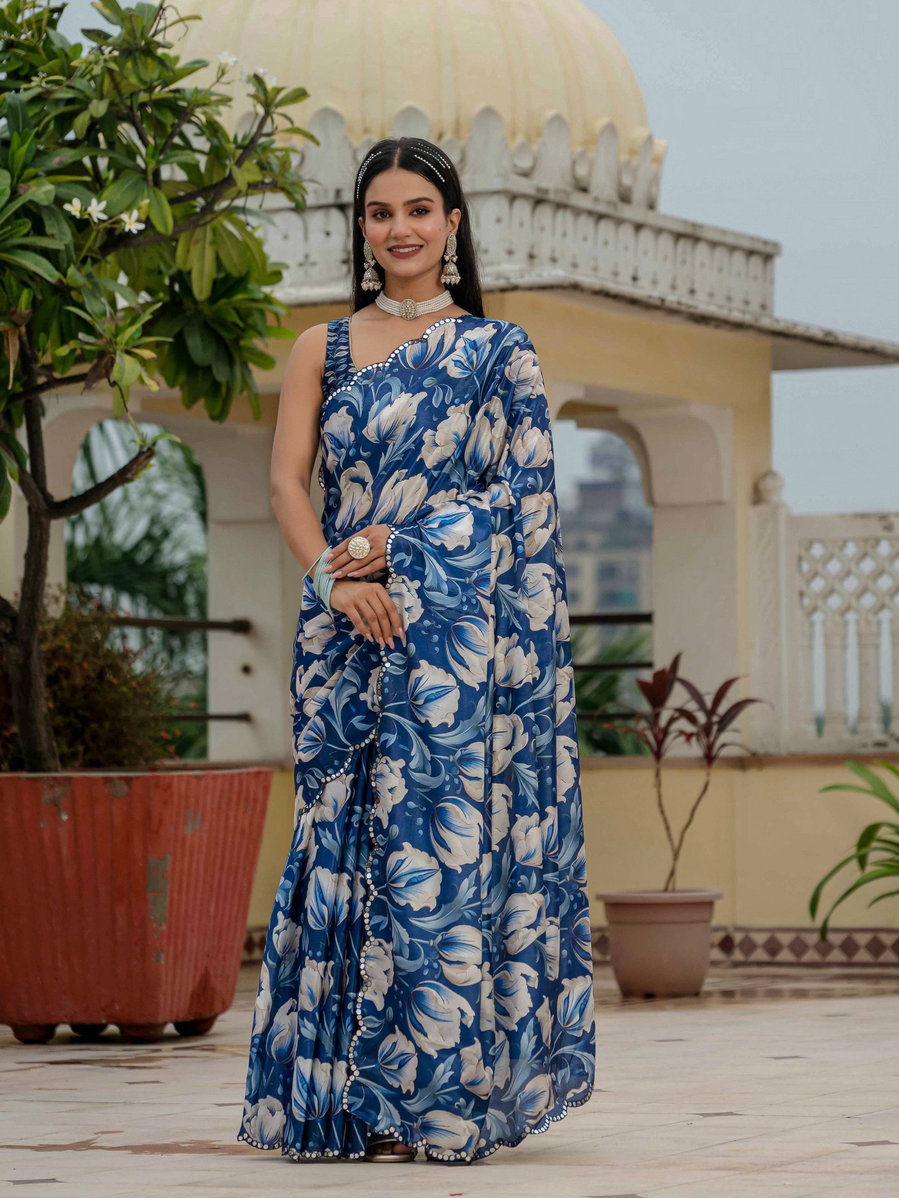 Jyoti Fashion Women's Royal Blue Chinon Digital Print with Mirror Saree with Blouse | Grocsy