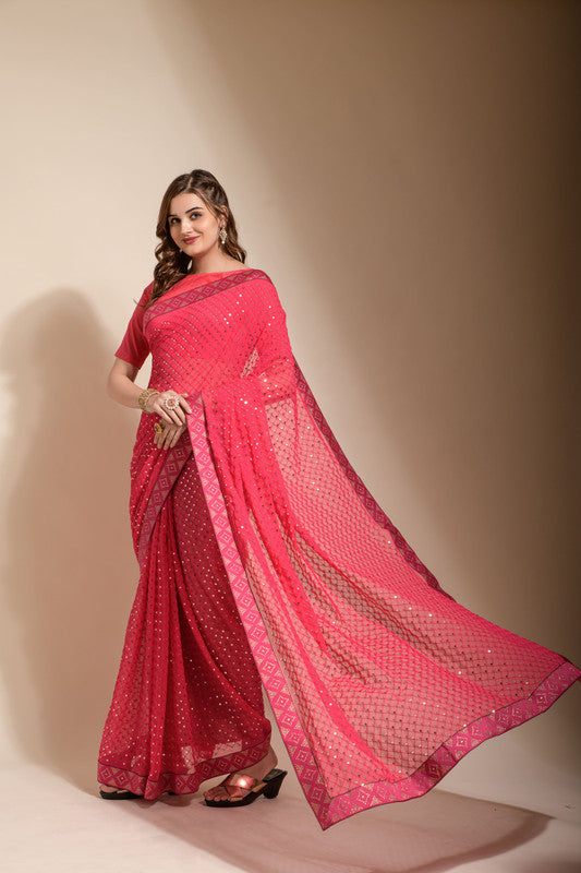 Jyoti Fashion Women's Pink Sequence Embroidery Georgette Saree with Blouse | Grocsy