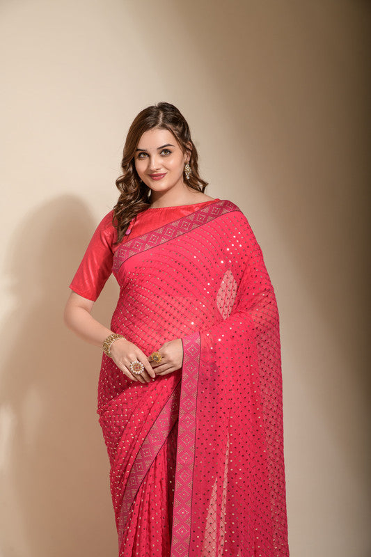 Jyoti Fashion Women's Pink Sequence Embroidery Georgette Saree with Blouse | Grocsy