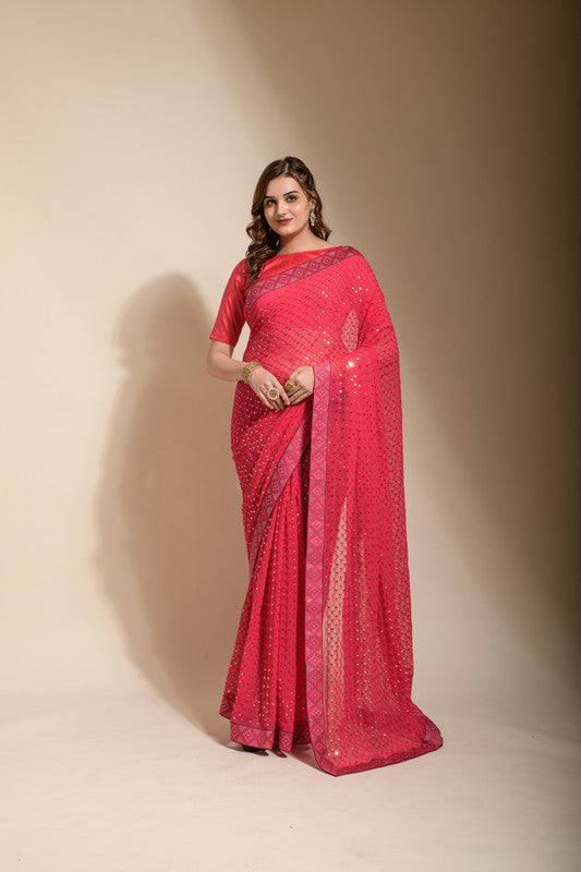 Jyoti Fashion Women's Pink Sequence Embroidery Georgette Saree with Blouse | Grocsy