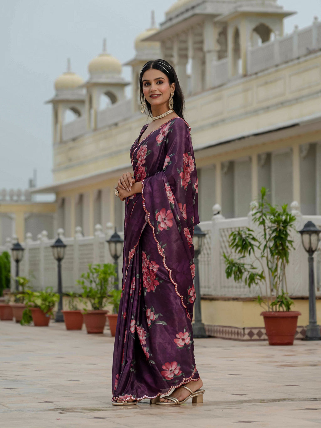 Jyoti Fashion Women's Wine Chinon Digital Print with Mirror Saree with Blouse | Grocsy